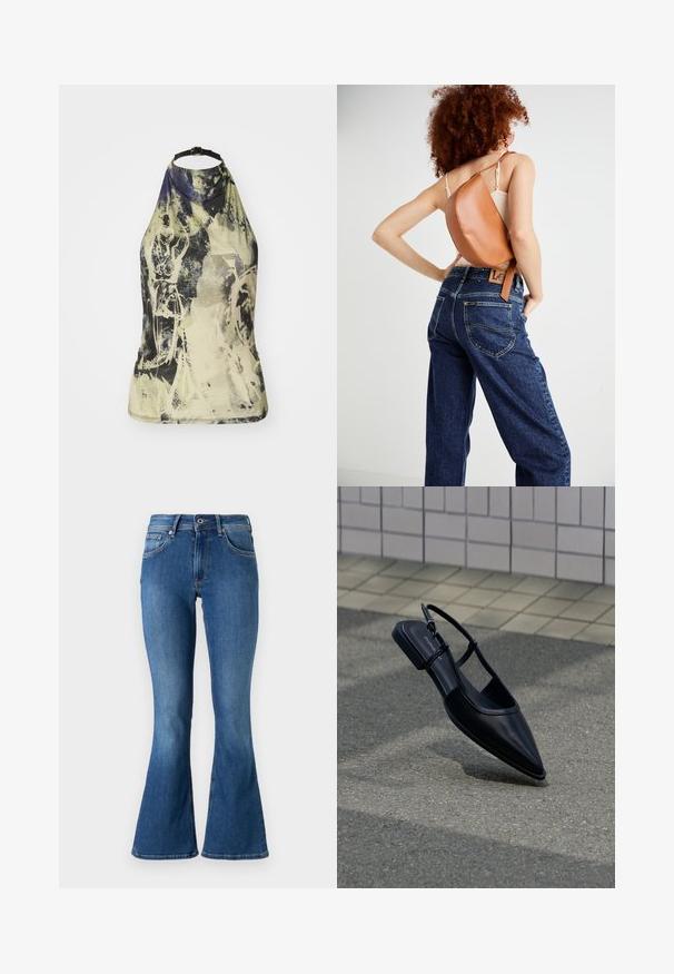 Top de cuello halter con un estampado abstracto en tonos claros de verde, amarillo y azul. Presenta una tira ajustable negra y un diseño ajustado.; Jeans de denim azul acampanados con una cintura de altura media, que cuentan con cinco bolsillos, un cierre de botón y un ligero desgastado a lo largo de las piernas.; Zapato plano negro de punta puntiaguda con tiras traseras flotando sobre una superficie de asfalto junto a una acera con baldosas.; Mochila de cuero marrón con un diseño curvado único. Llevada de forma diagonal, combinada con unos jeans de mezclilla azul de cintura alta con costuras amarillas.