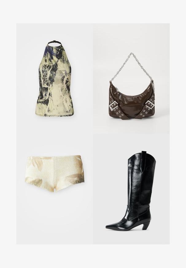 Haut à col halter dans un imprimé abstrait léger aux teintes vertes, jaunes et bleues. Doté d'une sangle noire ajustable et d'une coupe ajustée.; Shorts tricotés en beige clair avec un motif floral. Dotés d'une surface texturée et d'un ourlet festonné. Tissu doux et léger.; Bottes en cuir noir montantes jusqu'au genou, avec une pointe effilée, un talon bas, et des détails de couture décoratifs sur les côtés. Fini lisse et brillant.; Sac à main en cuir verni marron foncé avec une bandoulière en chaîne argentée, des ceintures décoratives à double boucle et une fermeture éclair.