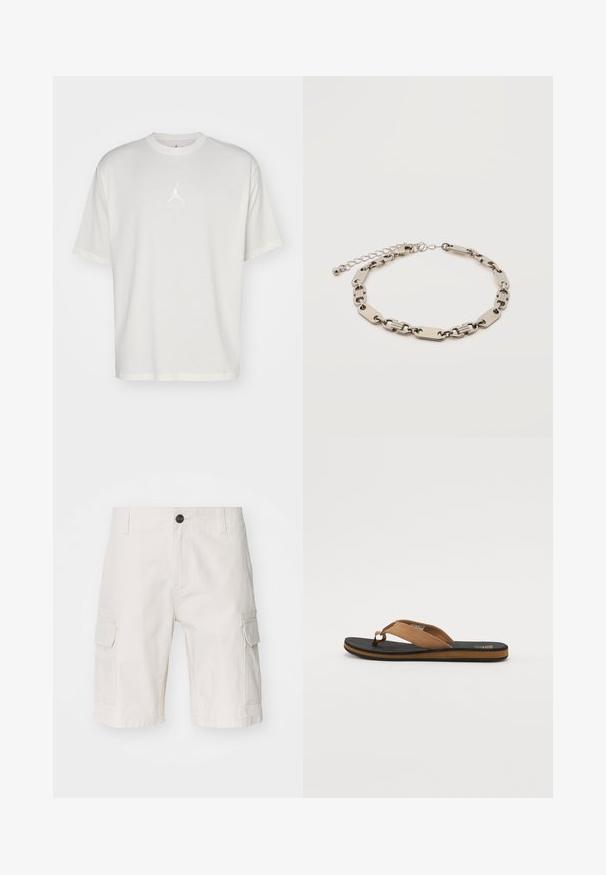 Witte katoenen t-shirt met een ronde halslijn, korte mouwen en een klein geborduurd logo in het midden. Losse pasvorm met minimale stiksels.; Beige cargoshorts van lichtgewicht stof, met twee zijzakken, een knoopsluiting en een relaxte pasvorm. Soepele textuur met subtiel patroon.; Bruine teenslipper met een gestructureerde zwarte rubberen zool, voorzien van een gladde suède band en een minimalistisch ontwerp. De randkleur contrasteert met de zool.; Zilverkleurige metalen armband met afwisselend rechthoekige en ovale schakels, verstelbare sluiting met kleine ronde bedel op witte achtergrond.