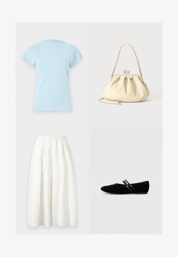 Light blue short-sleeve crew neck t-shirt displayed flat without visible logos or patterns on a plain white background.; White ankle-length skirt with elastic waistband, light pleats, and subtle floral embroidery near the scalloped hem.; Black suede flat shoe with a pointed toe, featuring two adjustable straps across the instep and a low, flat sole.; Cream-colored soft leather handbag with gathered design, silver frame clasp, short handle, and a detachable chain strap.