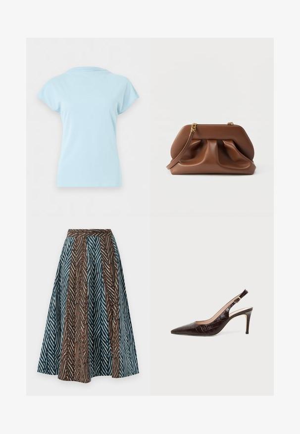 T-shirt bleu clair à manches courtes et col rond, présenté à plat sans logos ni motifs visibles sur un fond blanc uni.; Jupe midi marron et bleue avec un motif zigzag, un design plissé et une taille ajustée. Fabriquée en tissu léger.; Escarpin slingback en cuir brun foncé à texture crocodile, bout pointu et talon stiletto de hauteur moyenne sur fond uni.; Pochette en cuir marron avec design froncé, quincaillerie dorée et bracelet amovible, sur fond blanc.