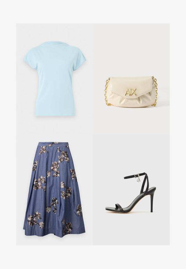 T-shirt bleu clair à manches courtes et col rond, présenté à plat sans logos ni motifs visibles sur un fond blanc uni.; Jupe midi bleue avec fines rayures blanches et broderie dispersée de sequins floraux marron, noir et beige, avec des plis et une ceinture ajustée.; Sandale à talon haut noire avec une bride étroite à la cheville, bout carré, cuir lisse et accent de boucle métallique.; Sac bandoulière en faux cuir crème avec un design froncé, une bandoulière en chaîne dorée et un logo 'A|X' en relief à l'avant.