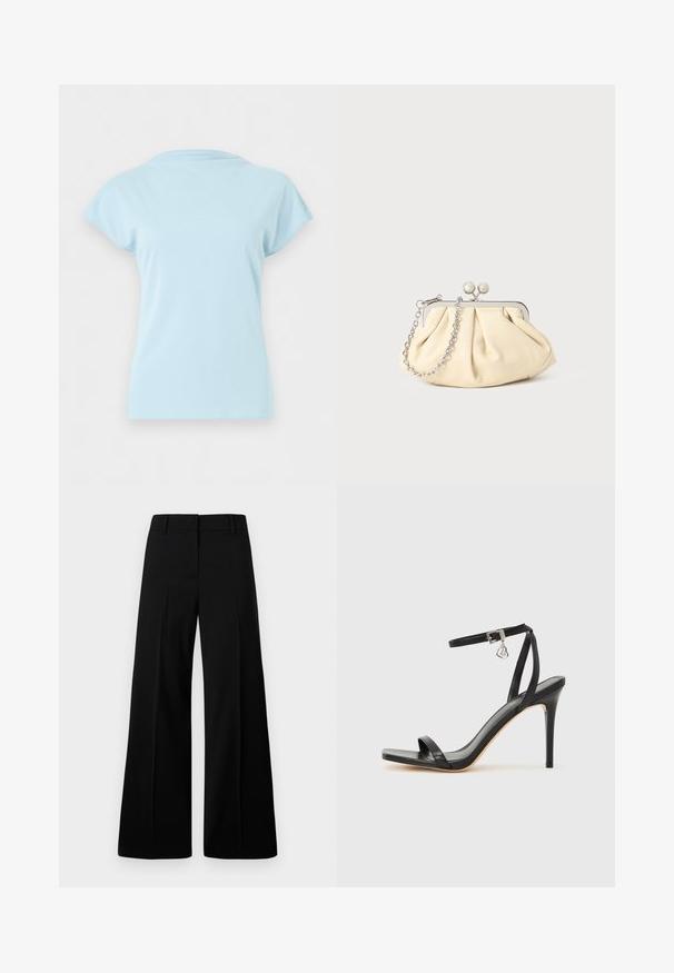 T-shirt bleu clair à manches courtes et col rond, présenté à plat sans logos ni motifs visibles sur un fond blanc uni.; Pantalons larges noirs avec une texture lisse, une taille structurée et des plis sur le devant. Design minimaliste sans quincaillerie visible.; Sandale à talon haut noire avec une bride étroite à la cheville, bout carré, cuir lisse et accent de boucle métallique.; Pochette en cuir beige plissé avec un cadre en métal argenté, dotée de deux fermoirs ronds décoratifs et d'une chaîne en argent.