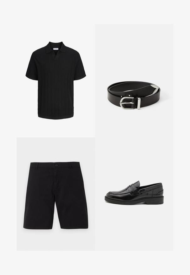 Polo noir à manches courtes en maille avec texture côtelée verticale et col ouvert.; Shorts décontractés noirs avec fermeture par bouton, passants pour ceinture et design simple, présentés sur un fond uni.; Mocassins en cuir noir avec une finition lisse, un bout rond, un petit talon et descoutures décoratives à l'avant. Semelle en caoutchouc pour l'adhérence.; Ceinture en cuir noir avec une boucle en métal argenté, présentant un design classique et une texture lisse. Comprend des trous pour un ajustement flexible.