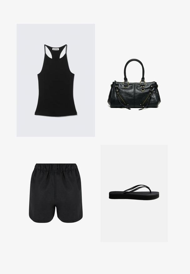 Débardeur noir sans manches à dos nageur avec étiquette "WEEKDAY" sur le haut du dos, présenté sur un fond gris clair.; Shorts noirs avec une taille élastique. Tissu doux, design simple et ourlet légèrement arrondi en bas. Pas de motifs ou de logos visibles.; Tongs en caoutchouc noir avec semelle texturée et bride en forme de Y, vues de côté sur un fond clair uni.; Sac à main en cuir noir avec deux anses, deux poches zippées inclinées avec des pompons, et des anneaux et clous en métal doré.
