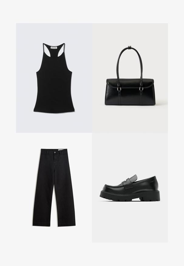Débardeur noir sans manches à dos nageur avec étiquette "WEEKDAY" sur le haut du dos, présenté sur un fond gris clair.; Pantalon en denim noir à jambes larges avec une taille haute, comprenant des poches avant et arrière, des coutures piquées et une fermeture à bouton. Texture lisse.; Mocassins en cuir noir avec une semelle épaisse et texturée, dotés d'une sangle sur le vamp et d'une finition lisse et polie.; Sac à main rectangulaire en cuir noir avec fermeture à rabat et deux longues anses sur fond blanc uni.