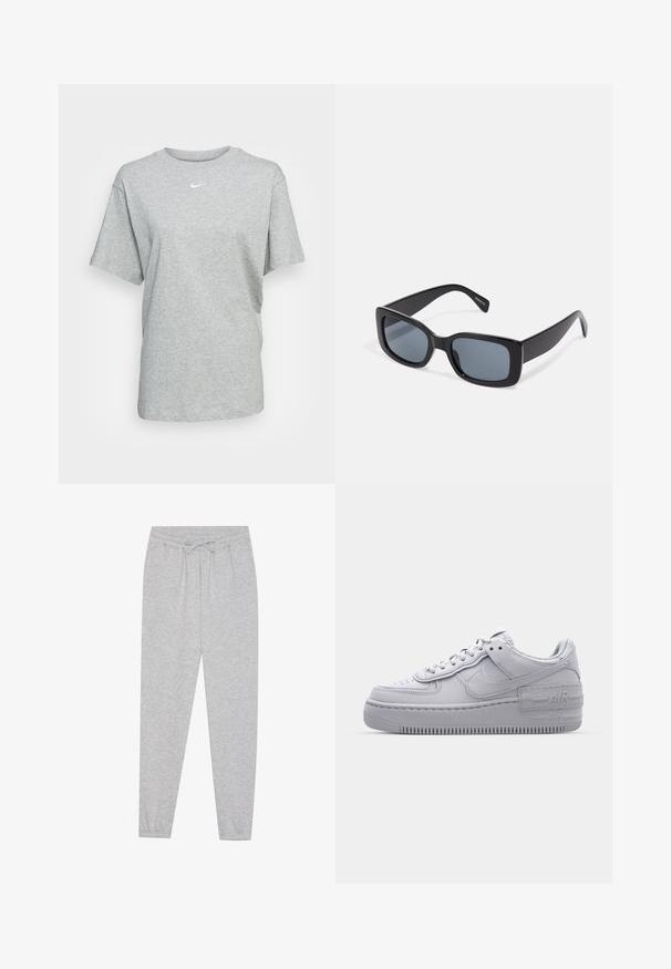 Nike Sportswear TEE - Camiseta básica - grey heather; Pantalones de chándal grises con una textura suave, cinturilla elástica y detalle de cordón. Diseño de pierna ajustada con un ajuste casual.; Zapatilla Nike Air Force 1 gris con puntera perforada, parte superior de cuero suave, suela gruesa y detalle en relieve 'AIR' en el talón.; Gafas de sol rectangulares negras con lentes oscuros, montura de plástico grueso y patillas anchas. Superficie lisa y diseño anguloso.