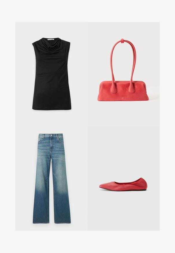 Haut noir sans manches avec un col bénitier drapé et un ourlet droit, présenté sur un fond clair uni.; Jean en denim bleu taille haute avec une coupe large, poches avant, fermeture par boutons et détails délavés sur les cuisses et le bas des jambes.; Filippa K REY FLATS - Ballerines - bright red; Sac à main en cuir rouge avec une longue poignée fine bouclée et fixée en haut, présenté sur un fond clair uni.