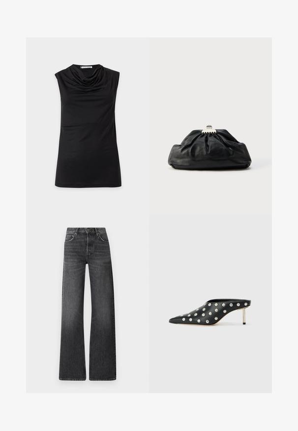 Zwart mouwloos topje met gedrapeerde col en rechte zoom, getoond tegen een effen lichte achtergrond.; Zwarte spijkerbroek van denim met een hoge taille en een wijd uitlopende pasvorm. Bevat vijf zakken en een subtiele vervaagde textuur met contrasterende stiksels.; STAND STUDIO KELSEY - Muiltjes met hak - black; Zwarte leren clutch met een geplooide textuur, metalen sluiting en een subtiel geperst logo aan de voorkant. Afgeronde vorm.