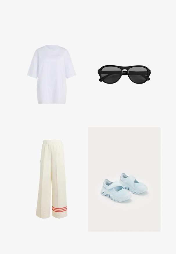 Hvid oversized T-shirt med korte ærmer, rund hals og lille diskret logo på venstre bryst.; Cremefarvede bukser med brede ben og tekstureret finish, der har en afslappet pasform, elastisk talje og røde striber ved kanten.; Lyseblå sneakers med mesh-stof, fremtrædende udskæringer i sålen og en velcro-rem på toppen for sikker pasform.; Solbriller med sort plaststel, mørke tonede glas og en smal bro, vist forfra på en hvid baggrund.