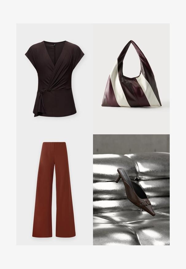 Blouse cache-cœur marron foncé à manches courtes avec un nœud sur le côté et un décolleté en V, présentée sur un fond clair uni.; Pantalons larges en tissu lisse d'une couleur brun profond et riche. Présentent une taille haute et des lignes épurées sans fermetures visibles.; Mule à talon brun à bout pointu avec détail boucle flottant au-dessus d'une surface en cuir argenté capitonnée brillante.; Grand sac à main triangulaire en cuir avec de larges rayures diagonales marron foncé, bordeaux et crème sur un fond uni.