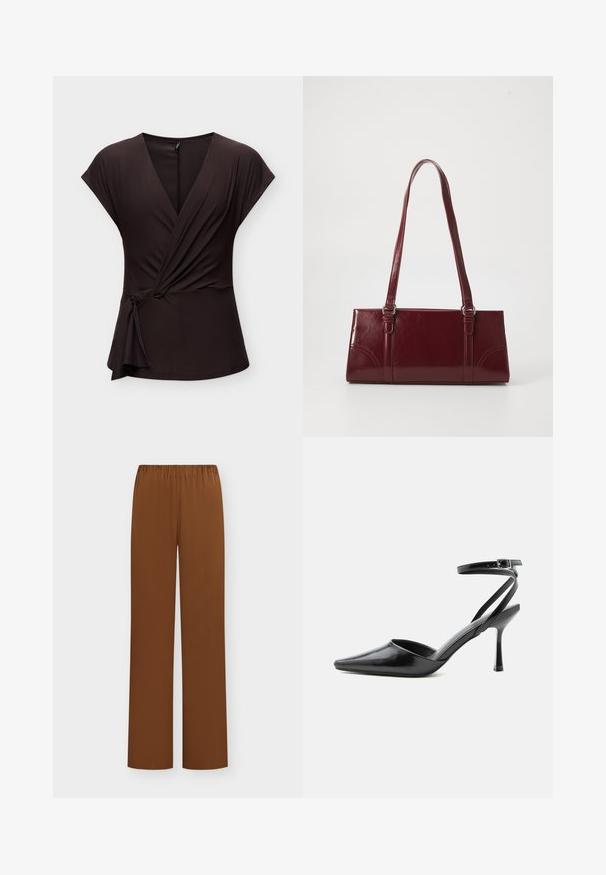 Blouse cache-cœur marron foncé à manches courtes avec un nœud sur le côté et un décolleté en V, présentée sur un fond clair uni.; Pantalon marron à coupe ample avec taille élastique et jambes droites, présenté sur un fond clair uni.; Escarpin noir à bout pointu avec fines brides de cheville et fermeture à boucle argentée sur fond clair uni.; Sac à main bordeaux en matériau brillant, de forme rectangulaire, avec deux anses et des accents légèrement courbés à l'avant.
