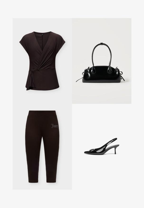 Blouse cache-cœur marron foncé à manches courtes avec un nœud sur le côté et un décolleté en V, présentée sur un fond clair uni.; Leggings noirs ajustés avec une taille haute et un petit logo "Juicy" en strass sur la partie supérieure de la cuisse gauche.; Escarpins slingback en cuir verni noir avec un bout pointu et une finition brillante. Présente un talon fin et un accent arrondi au dessus du pied.; Petit sac à main noir brillant avec deux longues anses et des détails à cordon sur les côtés sur un fond clair uni.