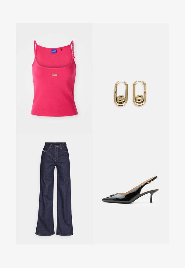 Débardeur rose ajusté en tissu côtelé. Présente des bretelles réglables et une petite étiquette logo marron à l'avant. Texture lisse.; Jeans ample bleu foncé en denim avec taille haute, ornés de surpiqûres orange, d'un design à cinq poches et d'une fermeture à bouton.; Escarpin slingback en cuir verni noir avec bout pointu, petit talon kitten et bride à boucle argentée sur fond blanc uni.; BOSS DOUBLE B SWING - Boucles d'oreilles - gold-coloured