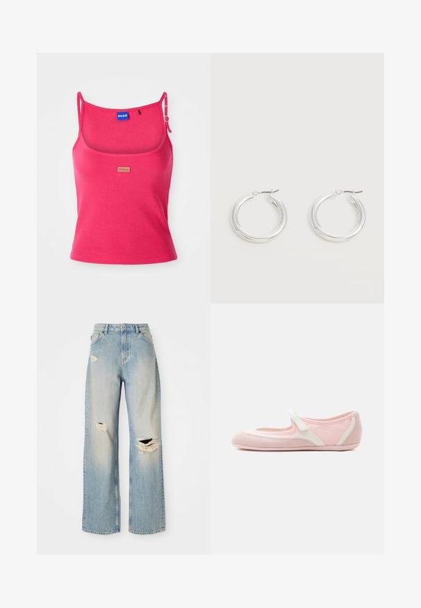Aansluitend roze tanktop van ribbelstof. Beschikt over verstelbare banden en een klein bruin logotag aan de voorkant. Gladde textuur.; Lichtblauwe rechte spijkerbroek met hoge taille, riemlussen en versleten scheuren op de linker bovenbeen, rechterknie en onder linkerpijp.; Lichtroze Mary Jane-schoen met een witte verstelbare band, zachte zool en een afgeronde neus op een effen witte achtergrond.; Een paar middelgrote glanzende zilveren oorringen met dunne metalen sluitingen op een lichte neutrale achtergrond.