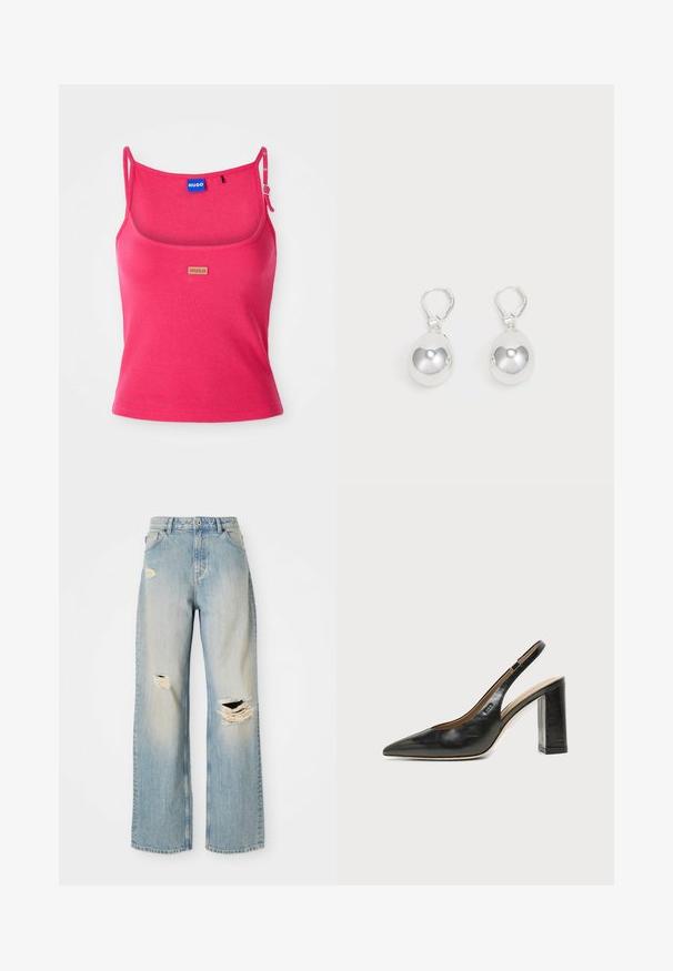 Aansluitend roze tanktop van ribbelstof. Beschikt over verstelbare banden en een klein bruin logotag aan de voorkant. Gladde textuur.; Lichtblauwe rechte spijkerbroek met hoge taille, riemlussen en versleten scheuren op de linker bovenbeen, rechterknie en onder linkerpijp.; Zwarte leren slingback schoen met spits toelopend neusje, hoge blokhak en beige binnenvoering tegen een effen lichte achtergrond.; Zilveren druppeloorbellen met gladde, ronde, reflecterende oppervlakken die hangen aan klapring-sluitingen. Achtergrond is puur wit.