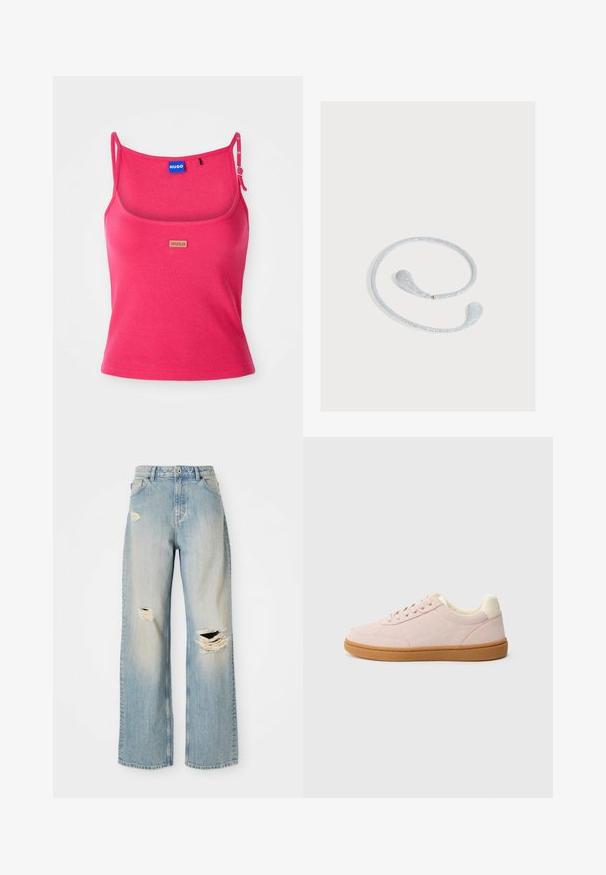 Aansluitend roze tanktop van ribbelstof. Beschikt over verstelbare banden en een klein bruin logotag aan de voorkant. Gladde textuur.; Lichtblauwe rechte spijkerbroek met hoge taille, riemlussen en versleten scheuren op de linker bovenbeen, rechterknie en onder linkerpijp.; Lichtroze sneakers met een gestructureerd oppervlak, witte accenten en een bruine rubberen zool. Voorzien van een laag profiel en een rond neusontwerp.; Flexibele zilverkleurige glinsterende hoofdband met druppelvormige uiteinden, getoond op een lichtgrijze achtergrond.