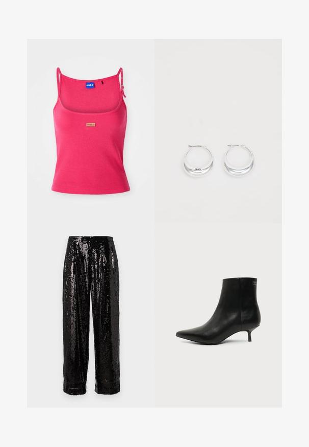 Siddende pink tanktop lavet af ribbet stof. Har justerbare stropper og et lille brunt logo-tag foran. Glat tekstur.; Paillet-sorte bukser med bred ben-design, der har skinnende, reflekterende overflader og en glat tekstur, afsluttet med en ren kant.; Sort læder ankelstøvle med spids tå og lav kitten hæl på lys baggrund, der viser yderside.; Sølv hoops øreringe med en poleret overflade og DKNY branding, præsenteret mod en simpel hvid baggrund.