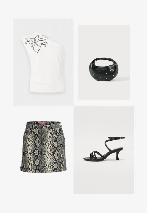 Wit one-shoulder top met zwart geborduurd abstract bloemmotief vlak bij de halslijn en een klein stoffen merklabel.; Zwart, beige en wit mini-rok met een A-lijn en een faux slangenhuidpatroon, voorzien van steekzakken aan de voorkant en een tailleband met knopen.; Even&Odd Wide Fit by Zalando Sandalen - black; Zwarte leren handtas met een afgeronde vorm, versierd met zilveren studs, en een korte handgreep. Gladde textuur en ritsluiting.