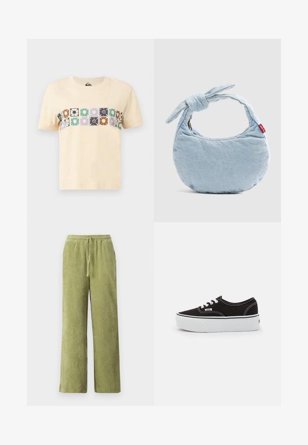 Kræmfarvet bomulds T-shirt med et horisontalt blokmønster af stiliserede blomster i forskellige farver. Korte ærmer og rund halsudskæring.; Grønne fløjl bukser med vidde, elastisk talje og snøre detaljer. Lodrette ribber i stoffet skaber tekstur.; Sort lærred sneakers med en hvid gummi platform sål, der har hvide snørebånd og syninger, ikonisk branding på siden, lav-top design.; Lyseblå denim skuldertaske med knudedetalje på håndtaget og en lille rød Levi's-mærkat på siden.