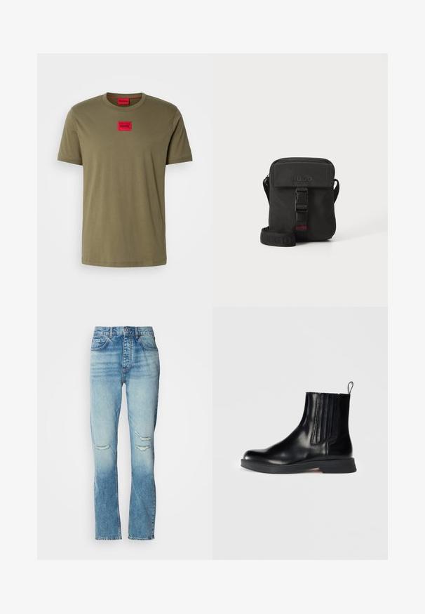 Olivegrünes Baumwoll-T-Shirt mit Rundhals, kurzen Ärmeln und einem roten quadratischen Logo-Patch auf der Brust. Glatte Textur.; Damen Jeans in mittelhoher Taillenhöhe, blauer Farbton mit dezenter Waschung, zerstörte Stellen an beiden Knien, gerade Beinform und klassisches Fünf-Taschen-Design.; Schwarze Lederstiefelette mit elastischen Seiteneinsätzen, runder Zehenpartie, niedrigem Blockabsatz und Zuglasche. Verfügt über eine glänzende Textur und ein elegantes Design.; Schwarze Umhängetasche aus strapazierfähigem Stoff. Verfügt über einen Klappenverschluss, einen verstellbaren Tragegurt mit geprägtem Logo und ein vorderes Schnallendetail.