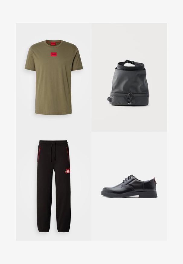 Olivengrøn bomulds T-shirt med rund halsudskæring, korte ærmer og et rødt firkantet logo-patch på brystet. Glat tekstur.; Sorte sweatpants med elastisk talje, røde accent lynlåse og et fremtrædende broderet logo på venstre lår. Glat tekstur, tætsiddende fit.; Sorte snørestøvler i læder med glat tekstur, rundet tå og diskrete syningsdetaljer. Har en rød trækflig på hælen.; Sort BOSS-mærket roll-top rygsæk med frontlynlåslomme og justerbar rem, vist mod en ensfarvet lys baggrund.
