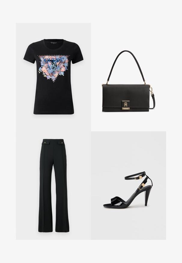 Camiseta negra de manga corta con diseño triangular floral, logo azul "GUESS", emblema de signo de interrogación y tachuelas plateadas alrededor del estampado.; Pantalones de tiro alto de campana negros con detalles de costura frontal y dos bolsillos con tapeta y botones dorados en la cintura.; Sандalia de tacón alto de charol negro con dobles correas en el tobillo y hebillas doradas, punta abierta y tacón delgado y afilado sobre un fondo neutro.; Bolso de mano de cuero negro texturizado con asa superior, cierre dorado con el logo entrelazado de TH y una correa para el hombro desmontable.