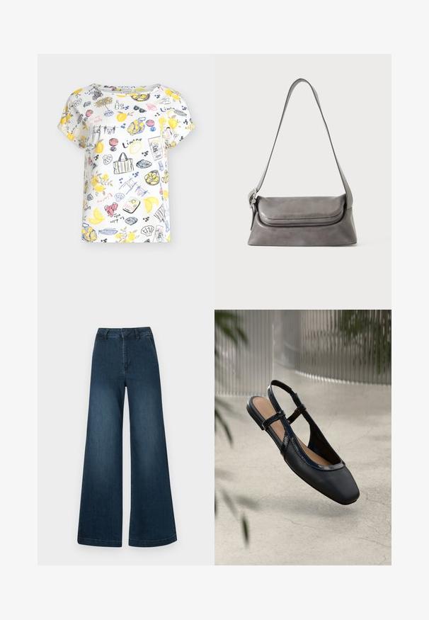Weißes kurzärmeliges Hemd mit farbenfrohem Aufdruck von Zitronen, Sonnenbrillen, Wein, Muscheln und italienischen Phrasen in Gelb, Blau, Pink und Schwarz.; Dunkelblaue High-Waist-Jeans mit weitem Bein, Taschen vorne und Gürtelschlaufen auf weißem Hintergrund.; Schwarze Leder Slingback Ballerina mit rechteckiger Zehenpartie, ausgestattet mit einem glänzenden lackierten Besatz und verstellbaren Riemen für einen sicheren Sitz.; Graue Lederschultertasche mit einer gebogenen Klappe und einem langen, dünnen Riemen, die vor einem weißen Hintergrund hängt.