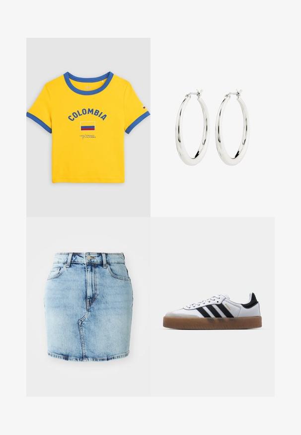 Camiseta amarilla de manga corta con ribete azul, texto "COLOMBIA", gráfico de la bandera colombiana y marca Levi Strauss of California en la parte delantera.; Falda de mezclilla de color azul claro con una forma ajustada, cinco bolsillos, cierre de botón y cremallera, y detalles cosidos a lo largo del dobladillo.; Zapatillas de cuero blancas con rayas negras, suela de goma, puntera redonda, cierre de cordones y caperuza de ante gris suave.; Pendientes de aro de plata con un acabado suave y brillante. Forma circular, con un cierre seguro. Diseño sencillo y elegante.