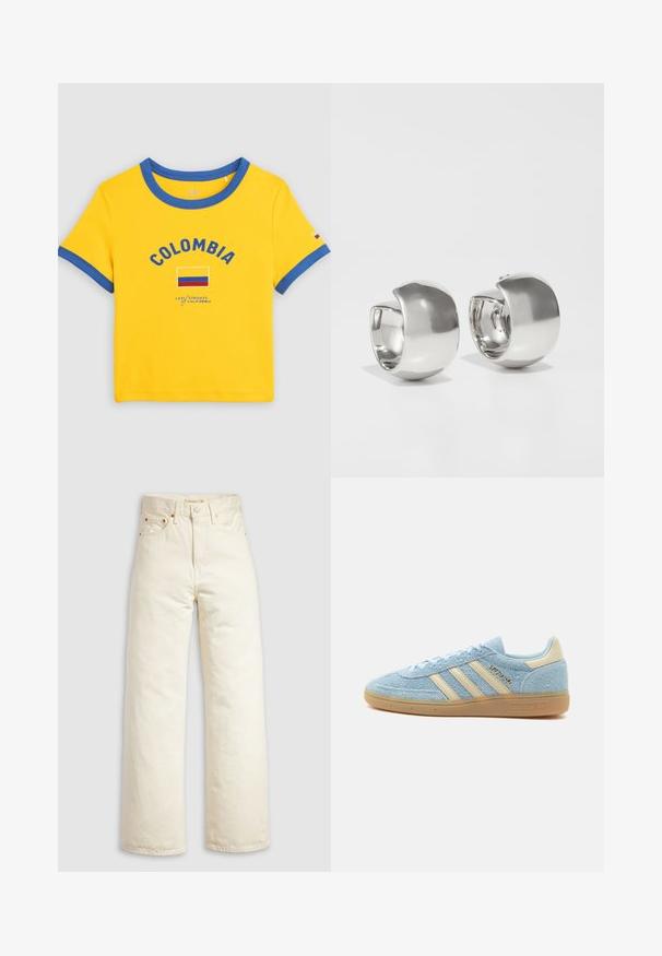 Gul kortærmet t-shirt med blå kant, teksten "COLOMBIA", colombiansk flaggrafik og Levi Strauss of California mærkning på forsiden.; Vidbenede jeans i offwhite denim med høj talje, kobbernitter og klassisk design med fem lommer. Struktureret stof med rene kanter.; Lyseblå ruskind Adidas sneaker med beige striber og hælkappe, gummisål og "SPEZIAL" branding på siden.; Uncommon Matters SCULPTURAL LARGE CREOLE - Øreringe - silver-coloured