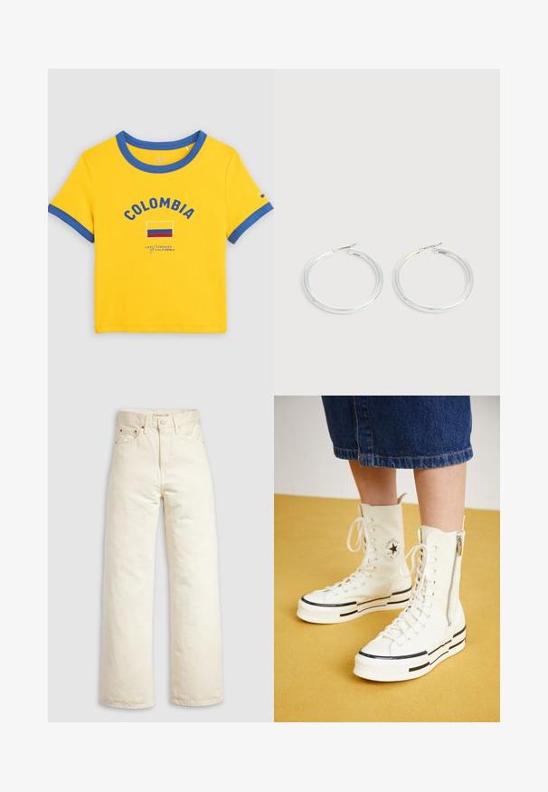 Gelbes T-Shirt mit kurzen Ärmeln und blauem Besatz, „COLOMBIA“-Schriftzug, Grafik der kolumbianischen Flagge und Levi Strauss of California Branding auf der Vorderseite.; Jeans mit weitem Bein aus offweißem Denim, mit hohem Bund, kupferfarbenen Nieten und klassischem Fünf-Taschen-Design. Strukturierter Stoff mit sauberen Säumen.; Weiße High-Top-Sneaker mit Reißverschluss, Schnürdesign und schwarzen Streifenakzenten auf einer dicken Sohle. Texturiertes Canvas-Material.; Paar glänzende silberne Creolen mit dünnen Drahtverschlüssen, dargestellt vor einem hellgrauen Hintergrund.