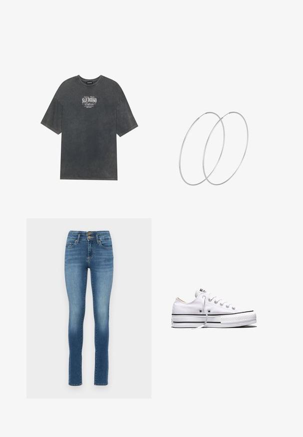 Grå oversized T-shirt lavet af blødt stof. Har en rund halsudskæring og korte ærmer. Frontgrafikken viser "SAN DIEGO California" i hvid.; Blå denim skinny jeans med høj talje, der har to frontknapper, let falming og almindelige lommer. Glat tekstur, lige ben.; Hvid lavtop lærredssneakers med hvide snørebånd, sorte striber på sålen og gummieret tekstureret tåhætte, sidevendt på hvid baggrund.; Sølvøreringe med et minimalistisk design. Cirkulær form, glat tekstur og tynd profil. Letvægtige med en poleret overflade.