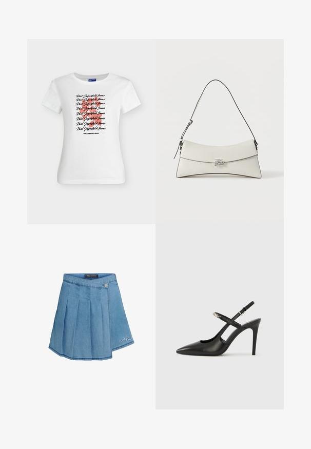 Biele tričko s krátkym rukávom s opakujúcim sa čiernym kurzívnym textom "Karl Lagerfeld Jeans" nad veľkým červeným otáznikom vpredu.; Džínová sukňa v svetlomodrej farbe s plisovaným dizajnom, kovovým zapínaním na gombík a vyšitým detailom na spodnom okraji. Hladká textúra a A-línia.; Čierne lodičky na vysokom podpätku s remienkom zo zadnej strany, špicatou špičkou, dizajnom s výrezmi a nastaviteľným remienkom s kovovými detailmi.; Biela kožená kabelka cez rameno s oblým chlopňou, čiernym lemovaním, nastaviteľným popruhom a striebornou dekoratívnou prackou na jednoliatom pozadí.