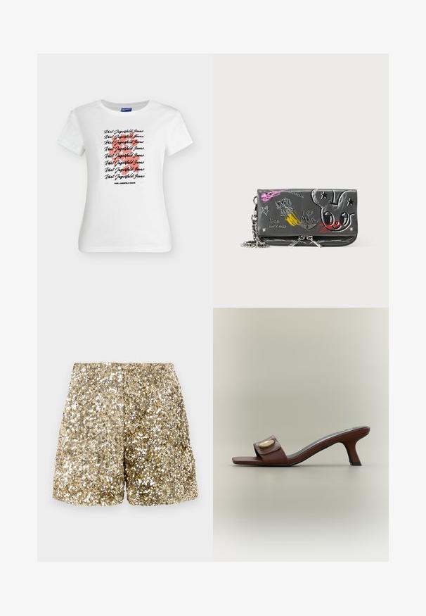 Hvid T-shirt med korte ærmer med gentaget sort kursiv "Karl Lagerfeld Jeans" tekst over et stort rødt spørgsmålstegn foran.; Guldglitrende shorts med en skinnende tekstur, der har en løs pasform og en elastisk talje. Pailletterne skaber en funklende effekt.; Brun læder mule med åben tå, lav buet hæl og bred rem med en gylden dekorativ detalje.; Sort læderclutch med kæderem; prydet med farverige graffiti-agtige motiver, herunder stjerner, en kranium og tekst, med en glat tekstur.