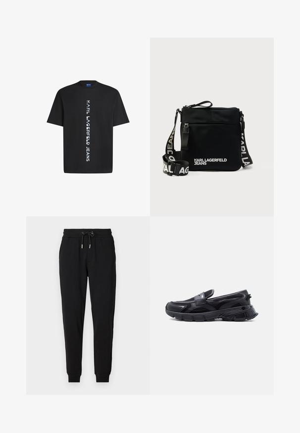 Camiseta de algodón negra con texto vertical blanco que dice "KARL LAGERFELD JEANS". Cuello redondo clásico y mangas cortas. Textura suave.; Pantalones deportivos negros con cintura elástica, cordón ajustable, bolsillos laterales y piernas ajustadas. Fabricados con un tejido suave y elástico.; Zapatilla negra sin cordones con suela gruesa y texturizada y paneles de malla, diseñada para uso casual y deportivo.; Bolso bandolera negro de nailon con cierre de cremallera, con una correa con logo y texto blanco "KARL LAGERFELD JEANS" en el frente. Superficie texturizada.