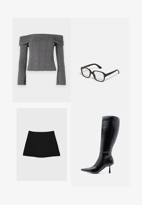 Off-the-shoulder top i tekstureret grå stof med lodrette striber, der har lange ærmer og sammensyning langs halsudskæringen.; Sort mini nederdel med en glat tekstur, A-linjeform og buet nederkant. Har en lynlås bagpå til lukning, uden yderligere mønstre eller accenter.; Sorte knæhøje stiletto støvler med en skinnende læderoverflade, spids tå og slank, konisk hæl, der har en glat overflade og et strømlinet design.; Sorte rektangulære briller med klare linser, der har afrundede kanter og sideaccenter, med en blank finish på stellet og arme.