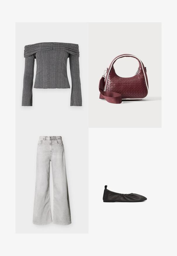 Haut décolleté en tissu gris texturé avec des rayures verticales, présentant des manches longues et des détails froncés le long de l'encolure.; Jeans larges gris clair en jean, avec une taille haute, des poches avant et une fermeture à boutons. Texture lisse avec un léger aspect délavé.; Chaussure plate en cuir noir avec un bord élastique froncé, bout pointu et surface lisse. Présente un design minimaliste sans quincaillerie visible.; Sac à main en cuir tressé marron foncé avec poignée courbée, garniture blanche, fermeture éclair argentée et bandoulière large en tissu amovible sur fond uni.