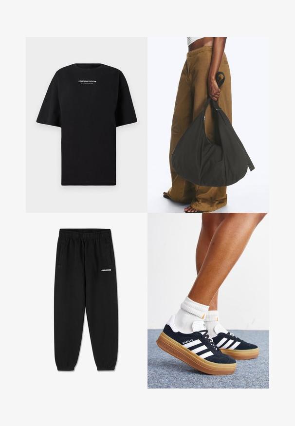 Sorte oversized t-shirt lavet af bomuld, med rund halsudskæring og korte ærmer, med "STUDIO EDITION" trykt i hvidt.; Sorte sweatpants lavet af blødt stof, med snoretræk i taljen, tætsiddende ben og sidelommer. "PEGADOR" logo i hvid på fronten.; Ben iført hvide sokker og sorte Adidas Gazelle sneakers med hvide striber og tykke brune såler på et gråt tæppe.; Person iført brune vidde bukser og hvid top holder en stor sort blød håndtaske i remmen ved siden.