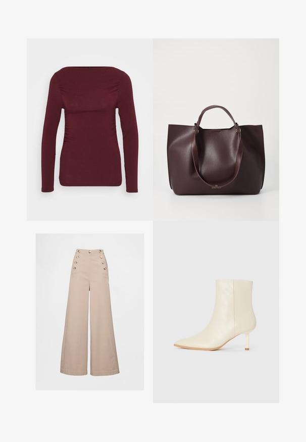 Bordeaux lange mouw top gemaakt van zachte stof, met een vierkante halslijn en zijschuring voor een aansluitend ontwerp. Soepele textuur zonder patronen.; Beige wijde broekspijpen met een hoge taille, voorzien van grote knoopaccenten op de voorzakken en een gladde, lichtgewicht stof.; Crème-kleurige enkelboot met spitse neus en slanke hiel van gemiddelde hoogte, met een gladde textuur, weergegeven vanaf de buitenkant op een witte achtergrond.; Bordeaux leren tote bag met een soepele textuur, twee stevige handvatten en een minimalistisch ontwerp. Bevat subtiele details in goudkleurige hardware.