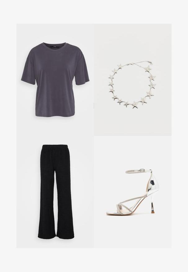 Camiseta gris de manga corta con un corte relajado, cuello redondo, textura suave y diseño sencillo. Sin patrones ni adornos visibles.; Pantalones de pierna ancha negros con un tejido texturizado, que cuentan con una cintura elástica y un corte relajado, diseñados para ofrecer comodidad y facilitar el movimiento.; Sandalia de tacón alto plateada con un diseño de tiras, material brillante, acentos de strass y una correa delgada en el tobillo. Punta cuadrada y tacón pulido.; Collar de eslabones en forma de estrella plateada, con estrellas de diferentes tamaños y un pequeño cierre de langosta sobre un fondo blanco.