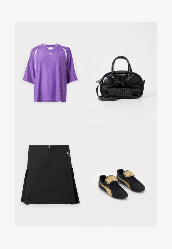 T-shirt de sport à manches courtes Purple Puma violet avec un motif floral subtil et des bandes blanches sur les manches sur fond uni.; Jupe de sport noire avec fermeture éclair à l'avant et plis latéraux, arborant un logo Puma blanc sur le côté supérieur droit.; Baskets noires et beiges dotées d'un dessus texturé, d'un bout arrondi, d'un laçage à l'avant et d'une sangle Velcro avec le logo "FENTY".; Sac à main en cuir verni noir avec des poignées supérieures doubles, une bandoulière amovible, une forme arrondie et un logo "PUMA" en relief bien visible.