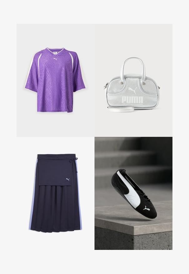 T-shirt de sport à manches courtes Purple Puma violet avec un motif floral subtil et des bandes blanches sur les manches sur fond uni.; Jupe plissée bleu marine avec des bandes latérales bleu clair, un panneau enveloppant attaché, une taille à cordon de serrage et un petit logo Puma blanc sur le panneau.; Baskets Puma noir et blanc avec lacets flottant au-dessus d'un rebord en béton sur un fond flou d'escaliers gris.; Petit sac à main Puma argent métallisé avec deux poignées supérieures, une longue bandoulière, logo sur le devant et fermeture zippée sur fond uni clair.