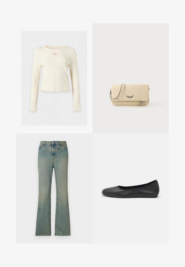 Kremfarvet ribbet langærmet trøje med rund hals og lille rød "Mother" tekst broderet på brystet.; Lysblå denim flare jeans med høj talje, fem lommer og lynlås. Ren, falmet finish med subtile syninger.; Sort læderballetsko med rund tå, glat tekstur, minimal syning og et fleksibelt såldesign.; Cremefarvet læderclutch med sølv vingemblem, dobbelt lynlås og sølvkæderem på en ensfarvet hvid baggrund.