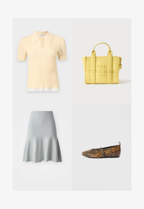 Kortærmet ribstrikket poloshirt i lys gul med fire knapper og hvid blondekant nederst.; Lyseblå udvidet nederdel lavet af et tekstureret stof. Har en tætsiddende talje og en blød, bølget kant. Enkel design uden mønstre.; Balletsko i faux slangeskindsmønster med brune og sorte nuancer. Har en sort rem og guldfarvet hardware-detalje. Glat tekstur.; Gul læder tote bag med tekstureret overflade, to top håndtag, præget tekst "THE TOTE BAG" og "MARC JACOBS," struktureret form.