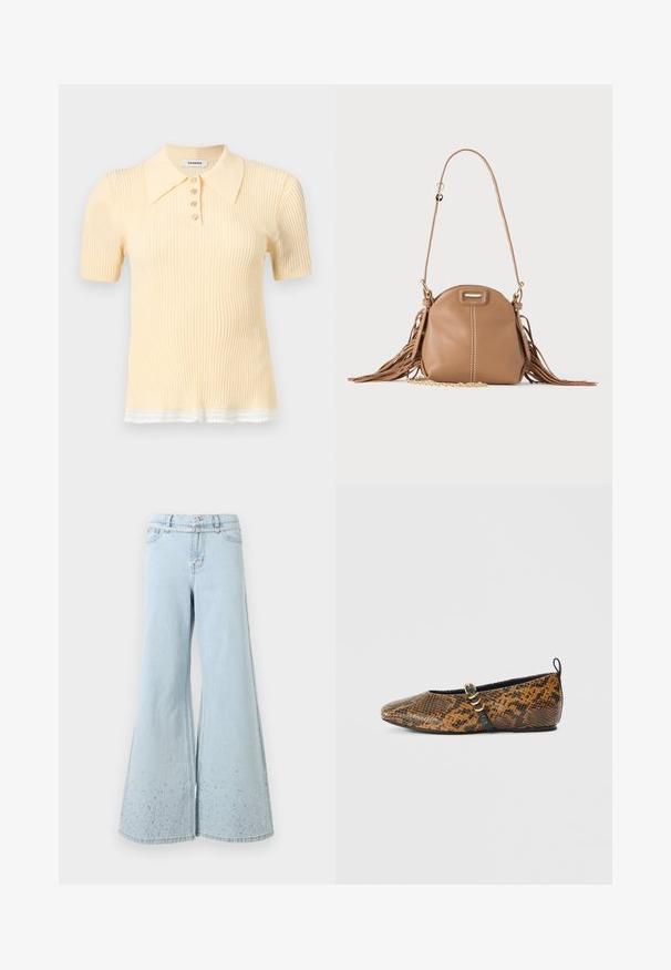 Polo en maille côtelée à manches courtes de couleur jaune pâle avec quatre boutons et bordure en dentelle blanche à l'ourlet.; Jean en denim bleu clair taille haute à jambes larges, orné de petites strass dispersées près des ourlets.; Ballerine en simili motif peau de serpent avec des nuances de brun et de noir. Dotée d'une bride noire et d’un détail en métal doré. Texture lisse.; Petit sac à bandoulière en cuir fauve avec longue bandoulière, détail chaîne dorée et franges des deux côtés sur un fond neutre.