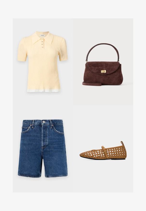 Kurzärmeliges, geripptes Poloshirt in blassgelb mit vier Knöpfen und weißem Spitzenbesatz am Saum.; Dunkelblaue Denim-Shorts im klassischen Schnitt, ausgestattet mit fünf Taschen, einem Knopfverschluss und kontrastierenden orangen Nähten.; Brauner gewebter flacher Schuh mit spitzer Kappe, einem Riemen mit goldener Schnalle und Zuglasche an der Ferse, vor weißem Hintergrund.; Kleine braune Wildlederhandtasche mit gewölbter Klappe, goldfarbenem Drehverschluss, kurzem Griff und optionalem Schulterriemen auf einfarbigem Hintergrund.