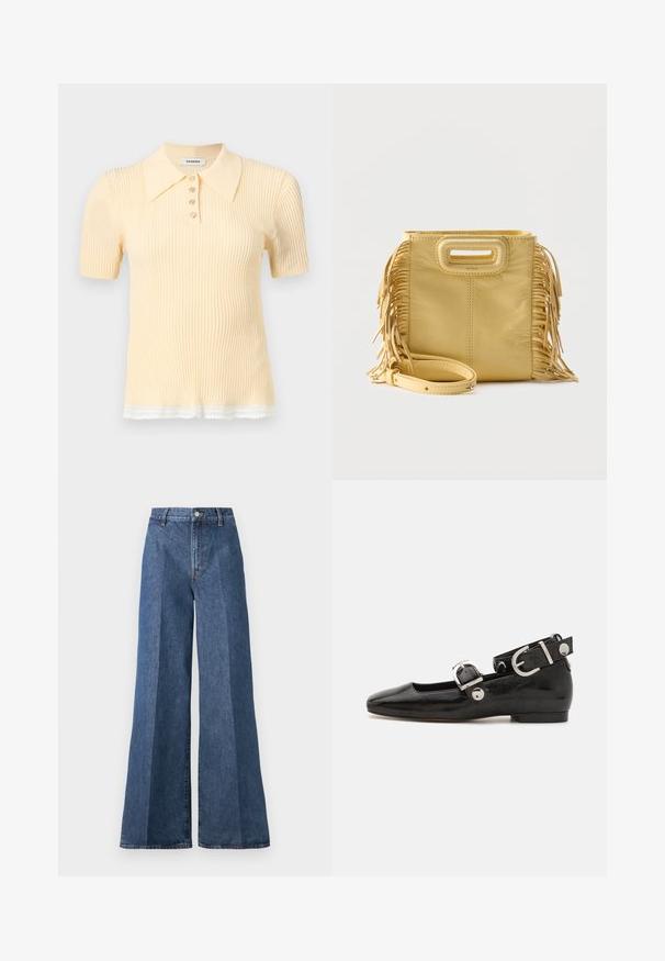 Kortærmet ribstrikket poloshirt i lys gul med fire knapper og hvid blondekant nederst.; Bredde ben blå denim jeans med høj talje, med klassisk fem-lomme stil og knaplukning, lavet af struktureret bomstof.; Sorte patenteret lædersko med firkantet tå, ankelrem med sølvhardware og flad sål. Glat tekstur med minimalistisk design.; Gul lædertaske med frynser på siderne, rektangulært udskåret håndtag og aftagelig skulderrem placeret foran.