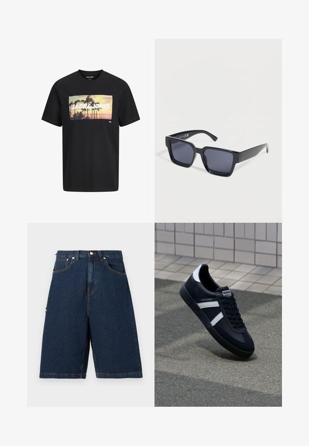 Camiseta negra con gráfico de atardecer y palmera, texto grande en blanco "JACK & JONES" impreso en el pecho.; Pantalones cortos de mezclilla azul oscuro con un corte holgado, que cuentan con dos bolsillos frontales y un bolsillo trasero, terminados con detalles de costura en naranja.; Zapatilla de cuero negra con rayas blancas, suela de goma texturizada y parte frontal con cordones. Cuenta con una etiqueta de marca en la lengüeta.; Gafas de sol rectangulares negras con lentes tintadas oscuras y montura gruesa, descansando sobre una superficie blanca.