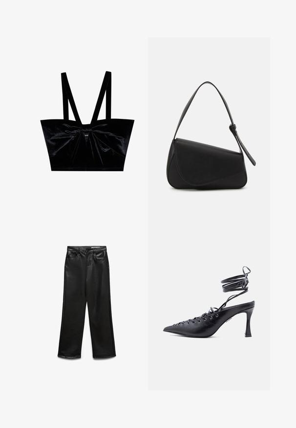 Sort fløjl crop top med brede stropper, som har en central sløjfe-detalje og en glat, blød tekstur. Struktureret design med en tætsiddende silhuet.; Sorte bukser i bred benvidde lavet af kunstlæder med frontlommer, bæltestropper og en diskret glans. Glat tekstur og skræddersyet pasform.; Sort spids tå højhælet sko med omsluttende ankelremme og flere snørehuller foran til snøring.; Sort læderhåndtaske med en triangular form, skrå klap og et rundt håndtag. Har en glat overflade og minimalistiske design detaljer.