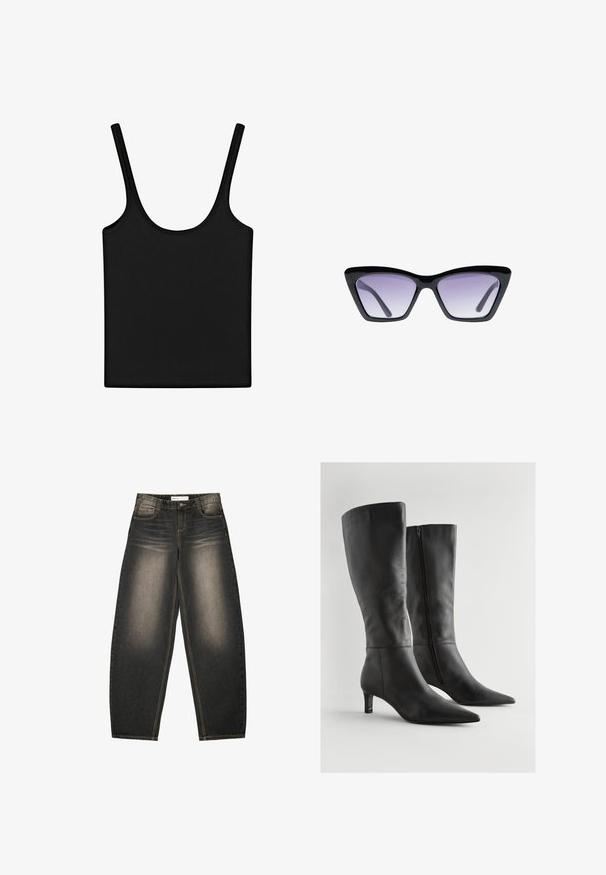 Sort ærmeløs tanktop med tynde stropper og rund halsudskæring, lagt fladt på en hvid baggrund.; Grå denim bredbenede jeans med let lysning, fem lommer, kontraststing og en afslappet pasform. Ingen synlige mønstre eller udsmykninger.; Sorte læderstøvler, der går op til knæet, har en spids tå, en lav blokhæl og en lynlås i siden. Overfladen har en glat tekstur med minimalt detaljer.; Sort indrammede katteøje-solbriller med gradient lilla tonede linser på hvid baggrund.